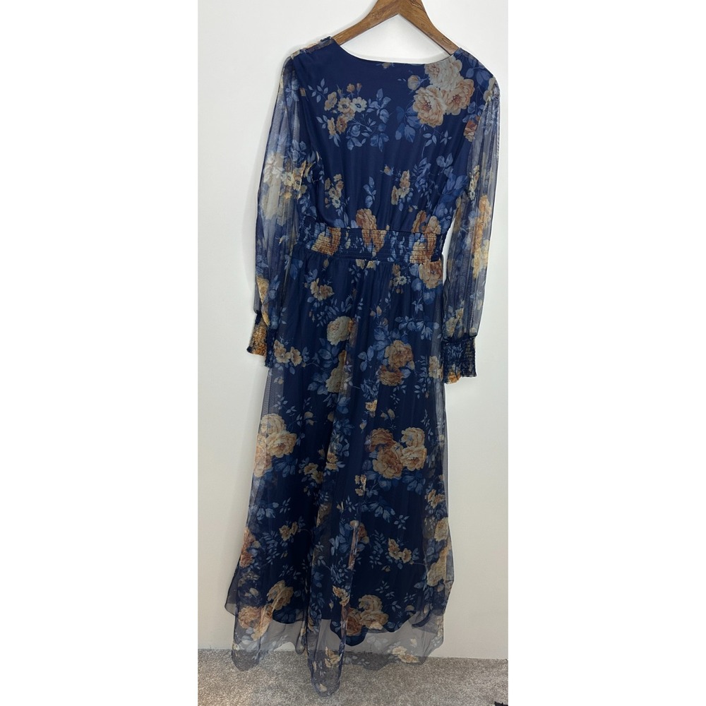 NEW Baltic Born Layla Tulle Maxi Dress Blue Golden Floral V-Neck Smocked Large - Picture 8 of 16